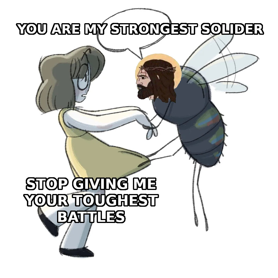 Botfly Jesus holds hands with Charlotte. She asks him why he gives her his hardest battles, and he tells her that it's because she's his strongest soldier.